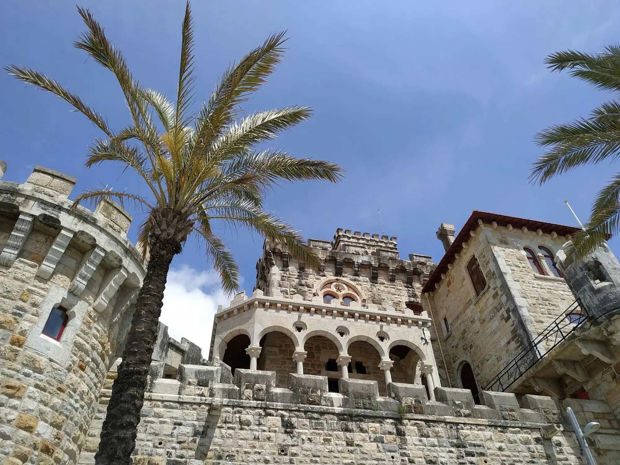 A palm tree and a castle-style villa in Estoril
