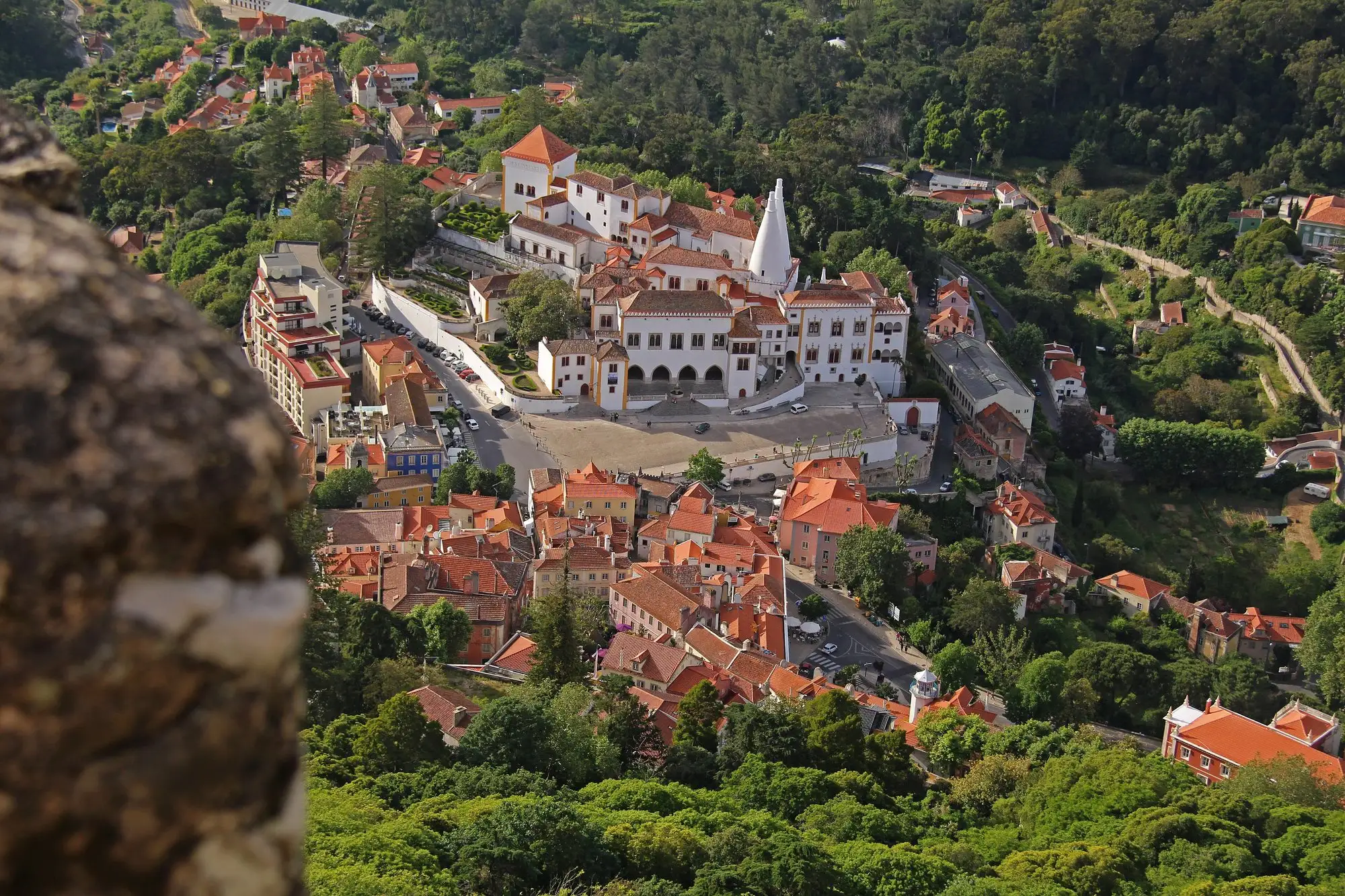 Sintra old town and the National Palace, seen from the Moorish Castle walls